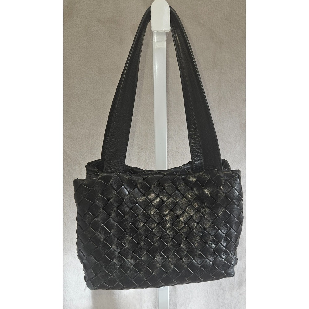 VTG Dooney & Bourke Black Woven‎ Leather Shoulder Bag Basket Weave Denim Lined